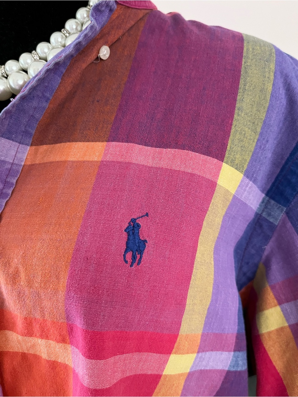Upcycled Ralph Lauren Madras Plaid Button-Down Shirt Ruffle Collar - Picture 2 of 9